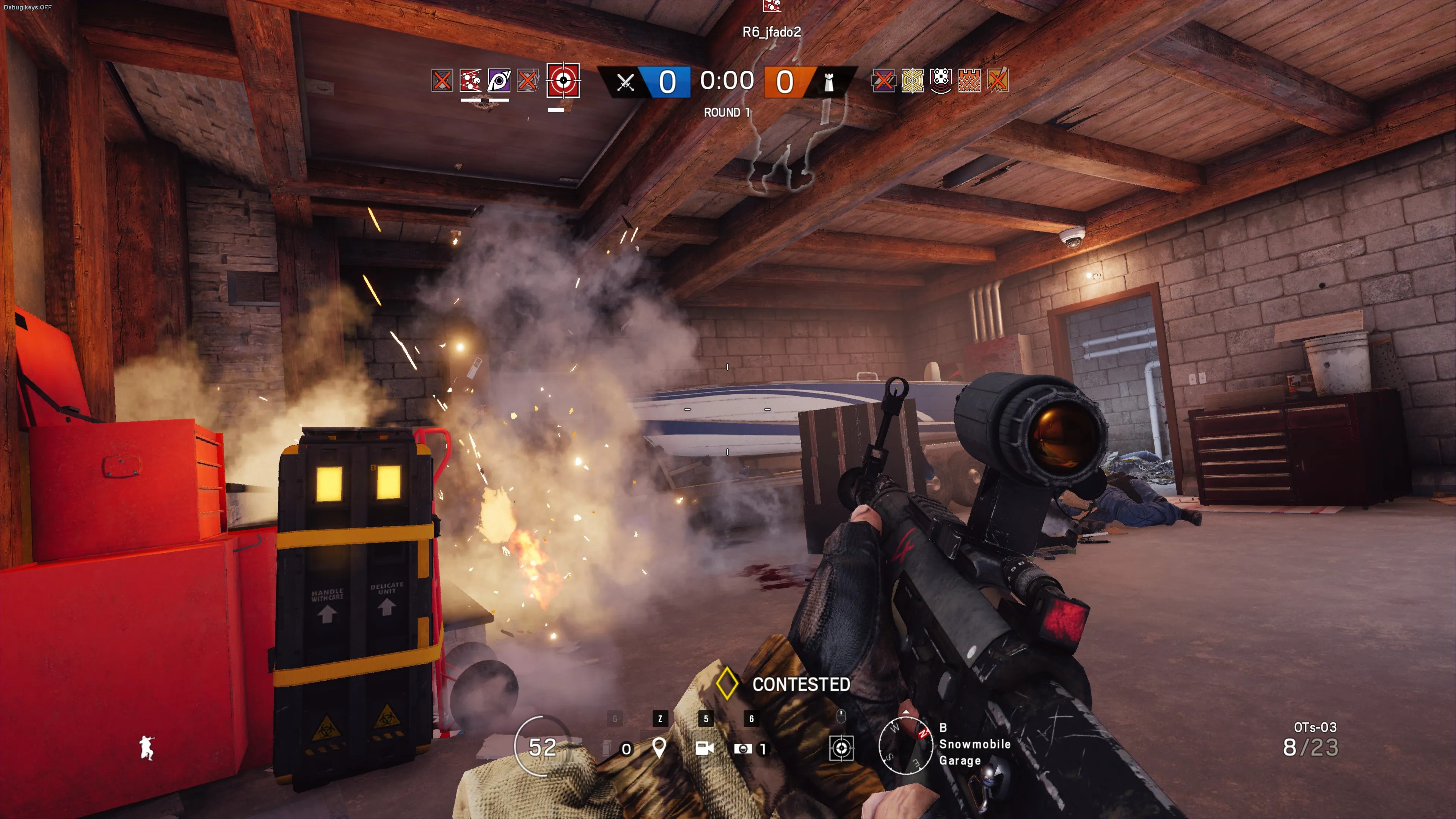 A screenshot of Rainbow Six Siege showing a gun in a smoke-filled room