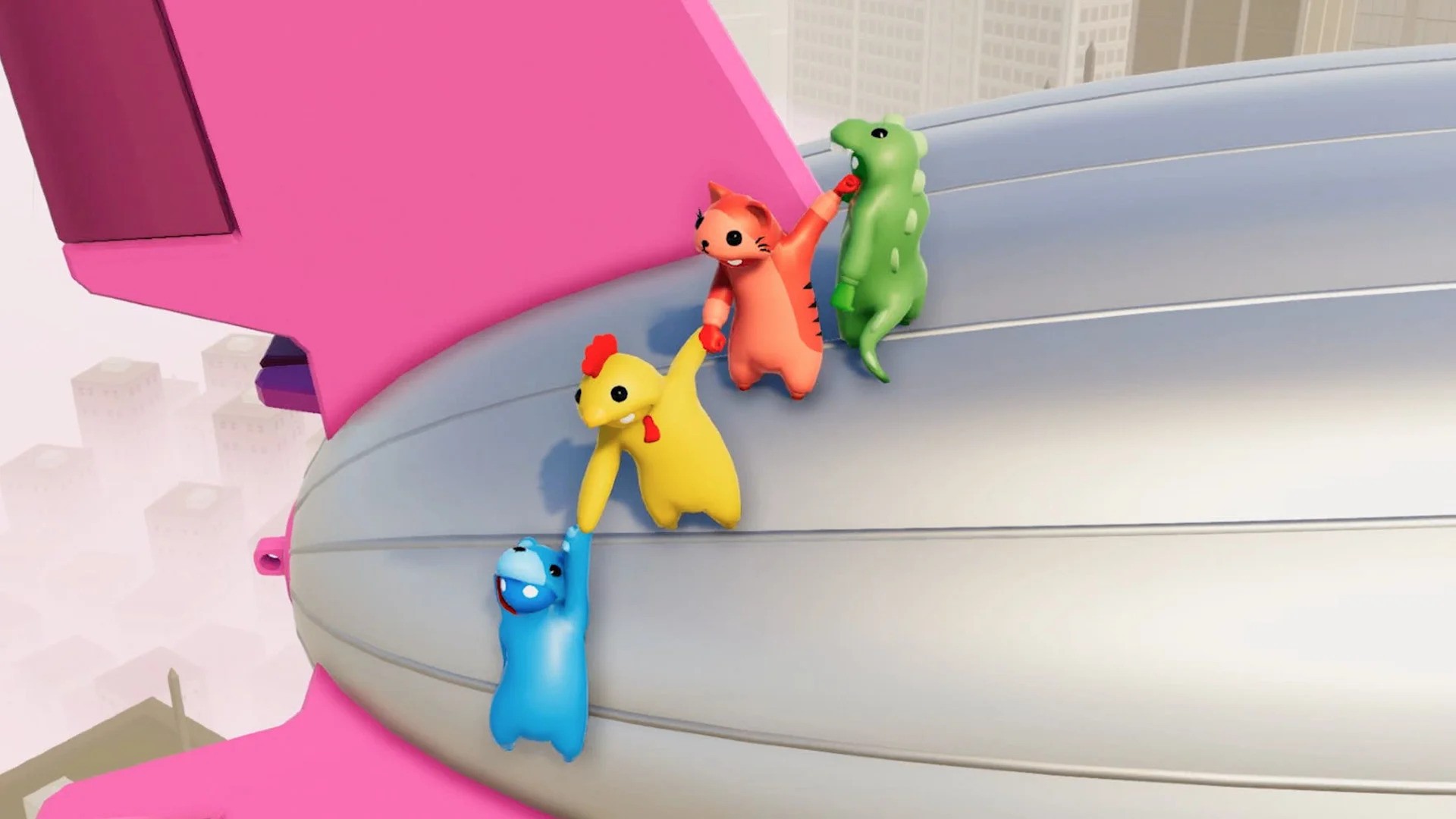 Characters from Gang Beasts holding unto each other