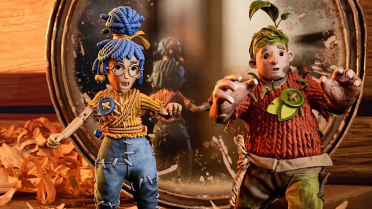 Two dolls with blue and green hair stand in front of a mirror