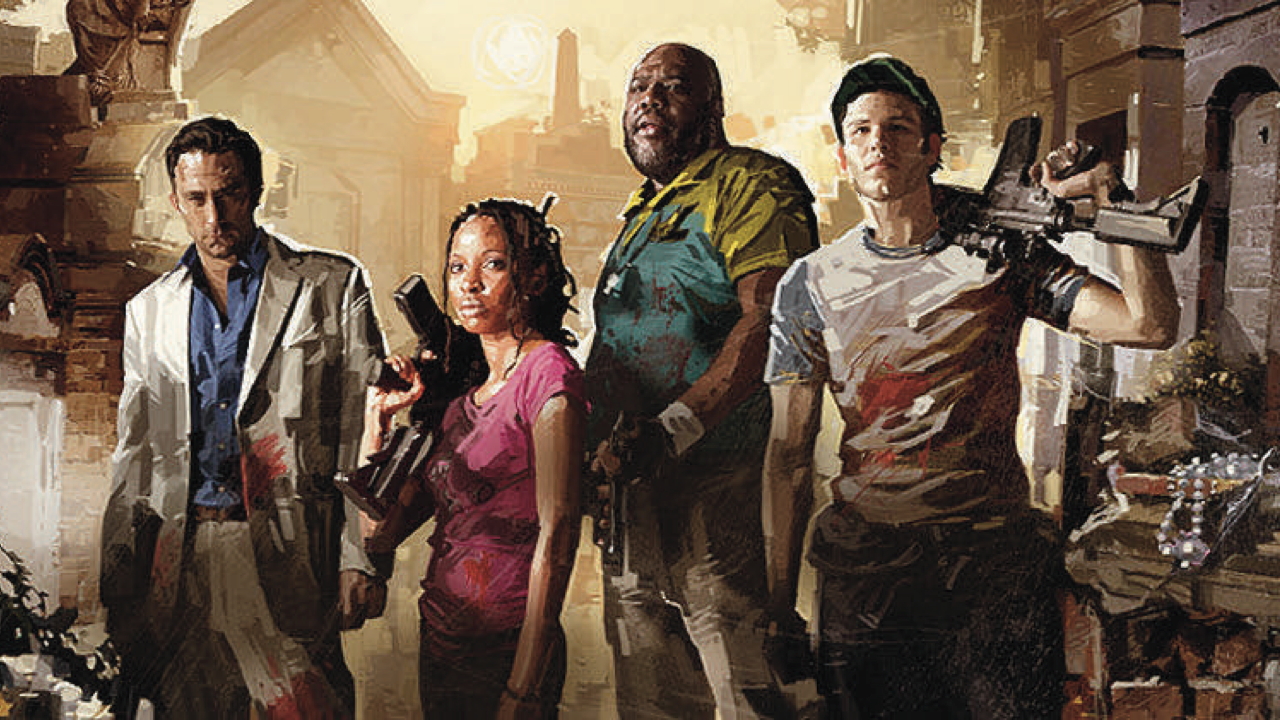 Characters of Left 4 Dead 2 standing with guns in hand