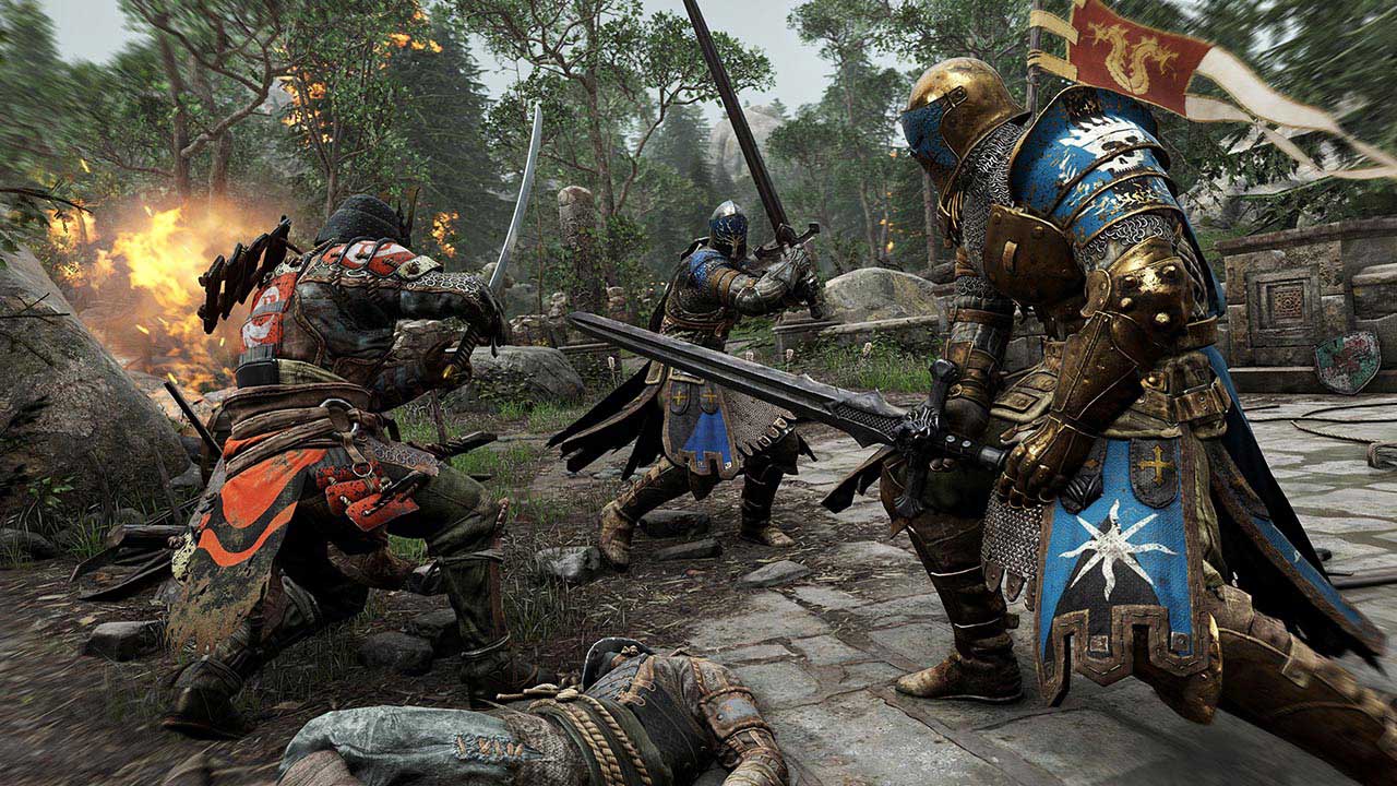 Knights engage in battle amidst dense trees in a forest setting
