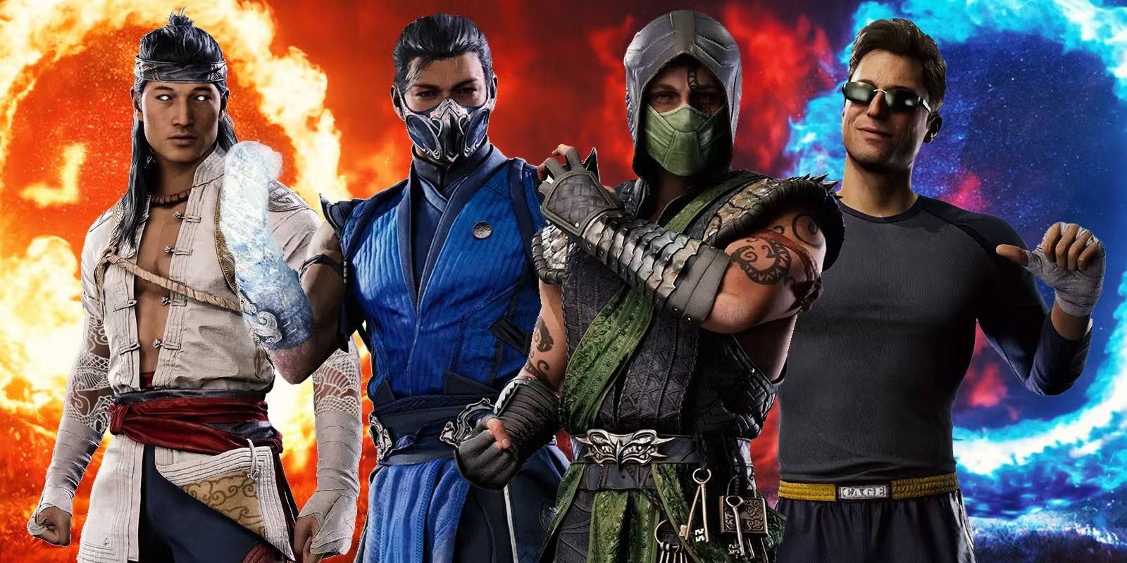 Mortal Kombat characters stand confidently in front of a blazing fire