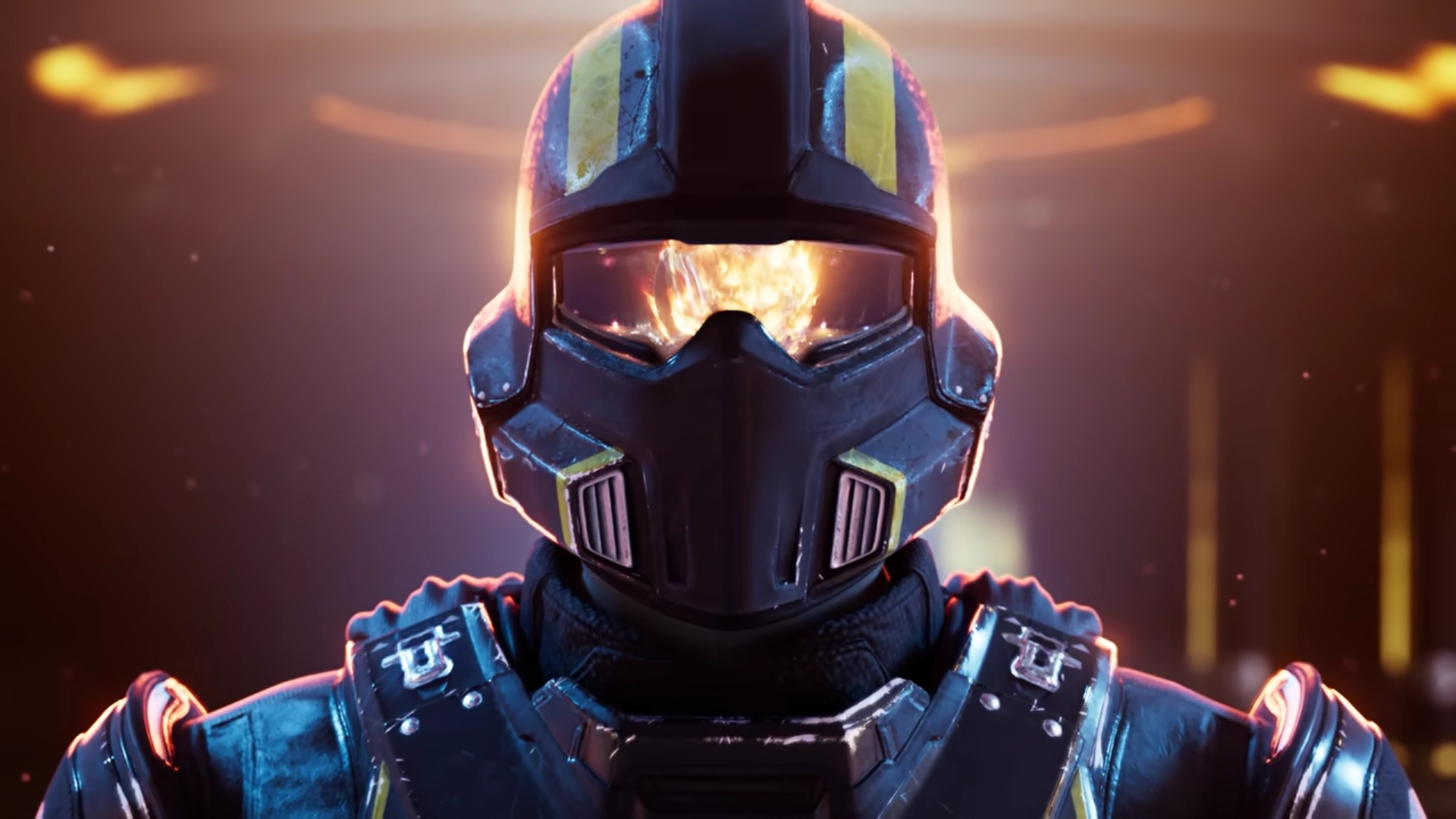 A Helldivers character in a helmet with glowing eyes
